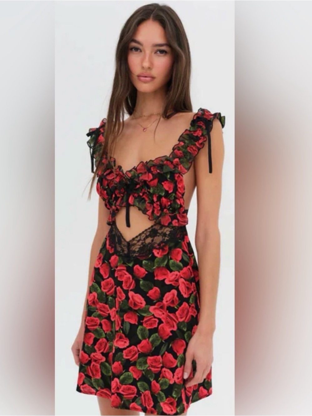 For Love and Lemons Varvera Mini Dress Red Rose Print Cutout Dress medium $219